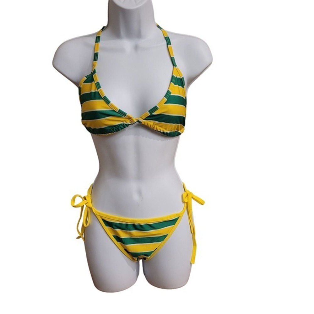 Green and Yellow Striped Halter Triangle Bikini Set with Side Tie Bottoms